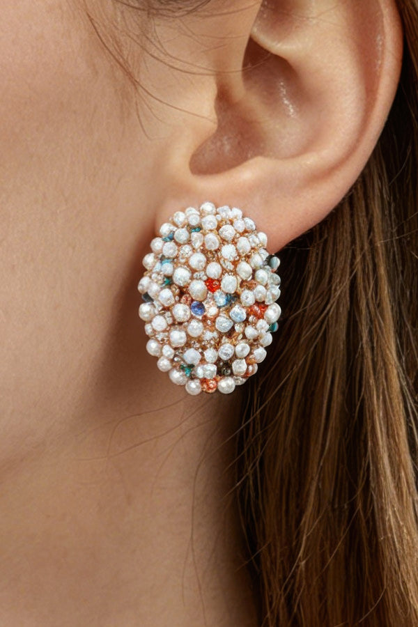 Jeweled Pearl Dome Stud Earrings