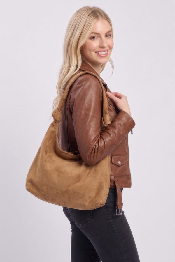 Knot-Strap Faux Suede Hobo Bag