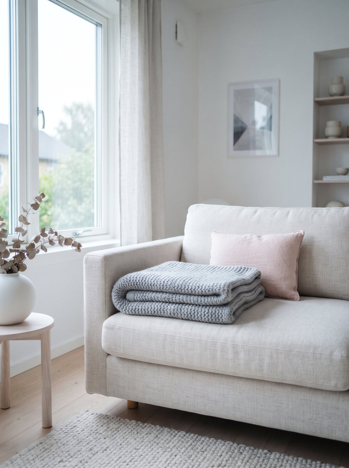 A folded grey knit blanket and a blush cushion on a linen sofa in a bright white living room