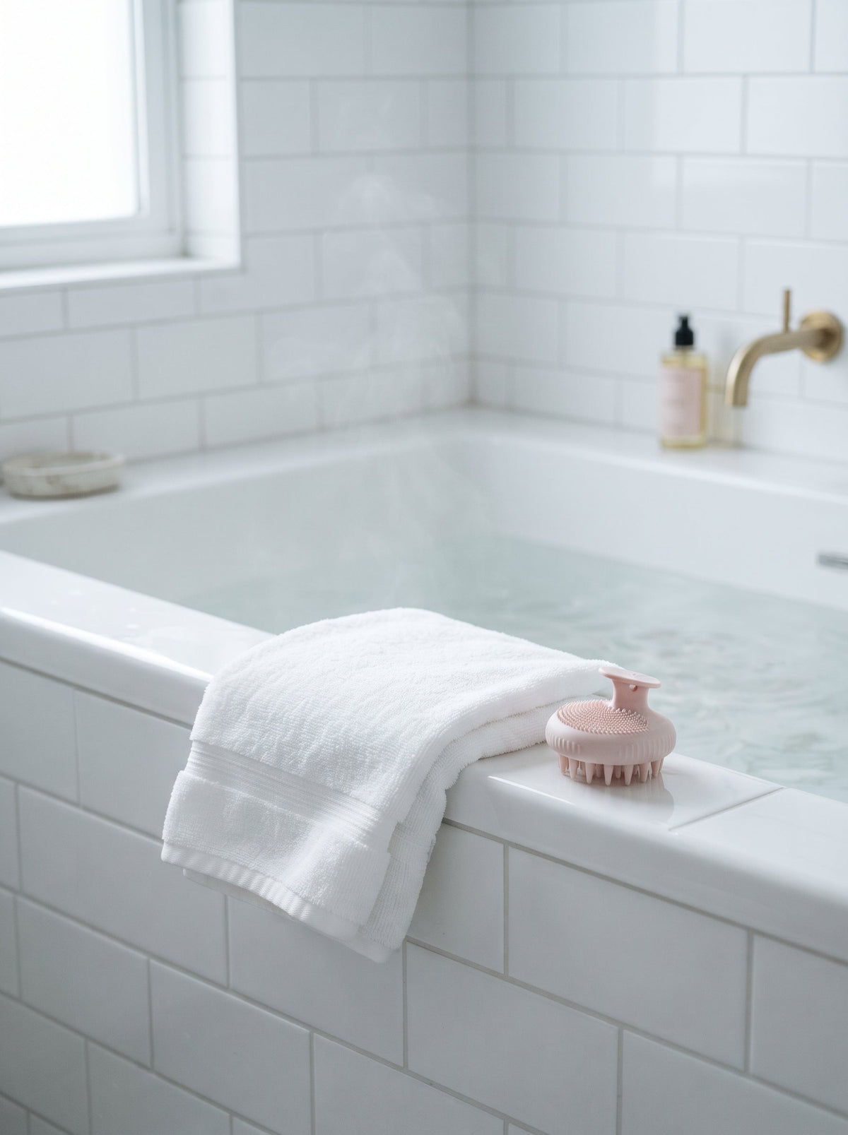 A white towel and a pale pink scalp brush on the edge of a white bathtub