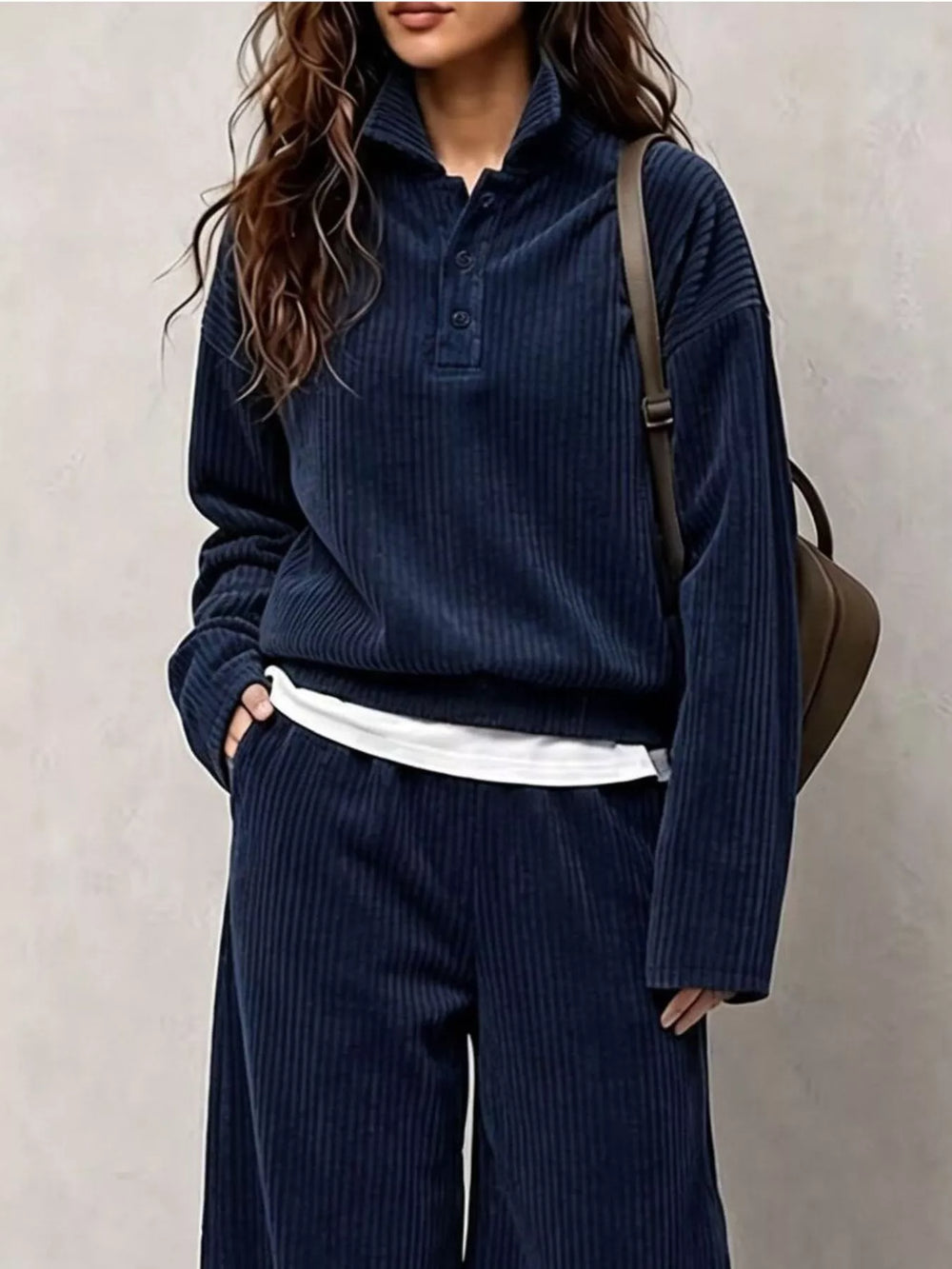 Corduroy Button Detail Top and Wide-Leg Pants Set