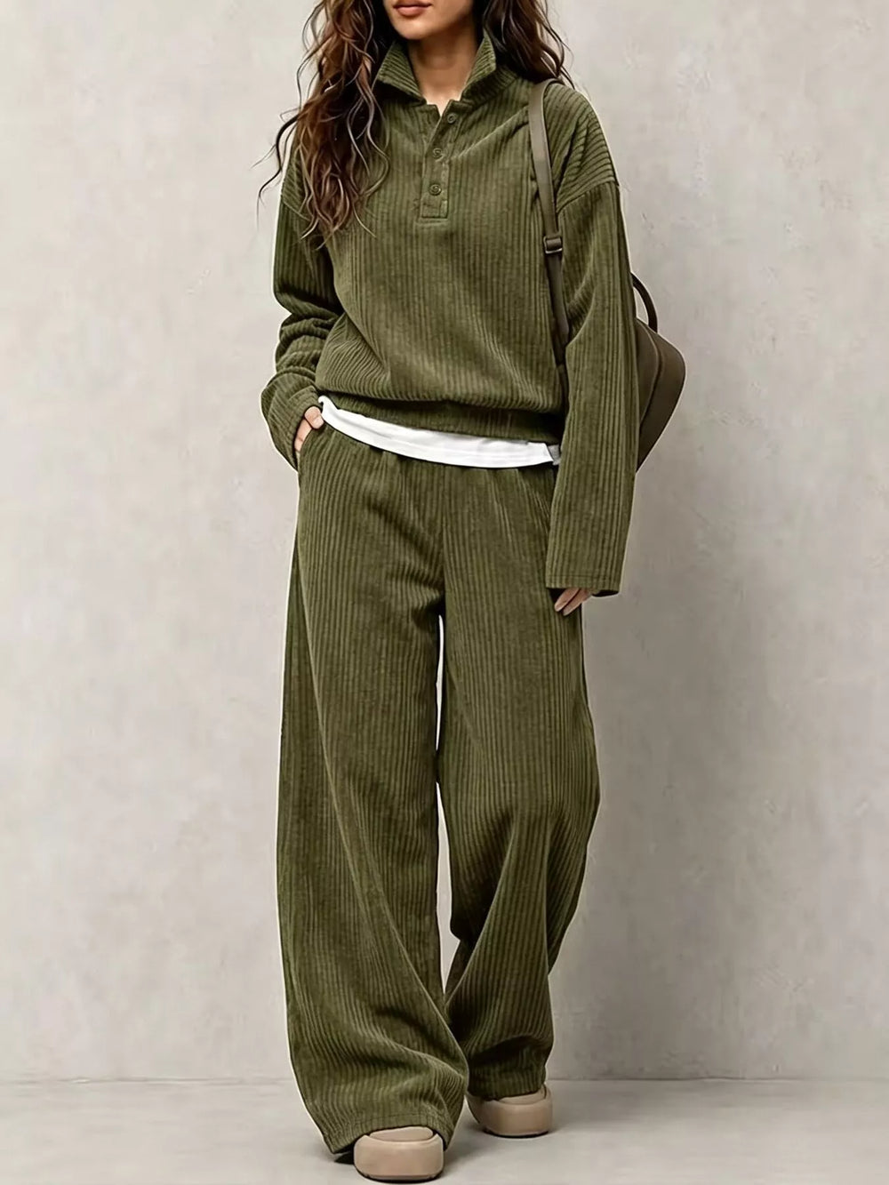 Corduroy Button Detail Top and Wide-Leg Pants Set
