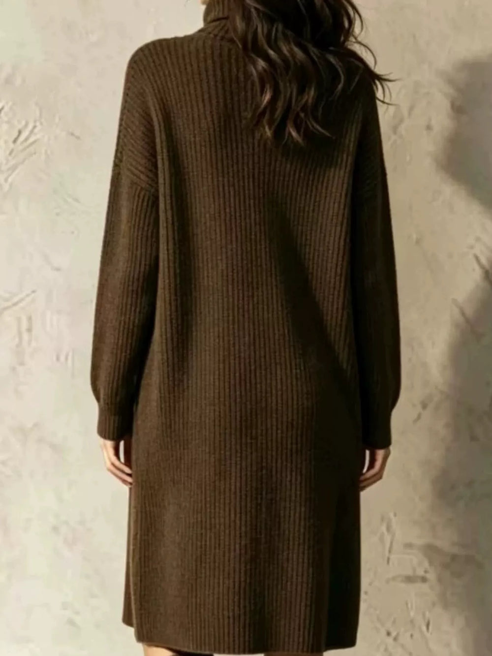 Ribbed Turtleneck Button-Up Longline Cardigan