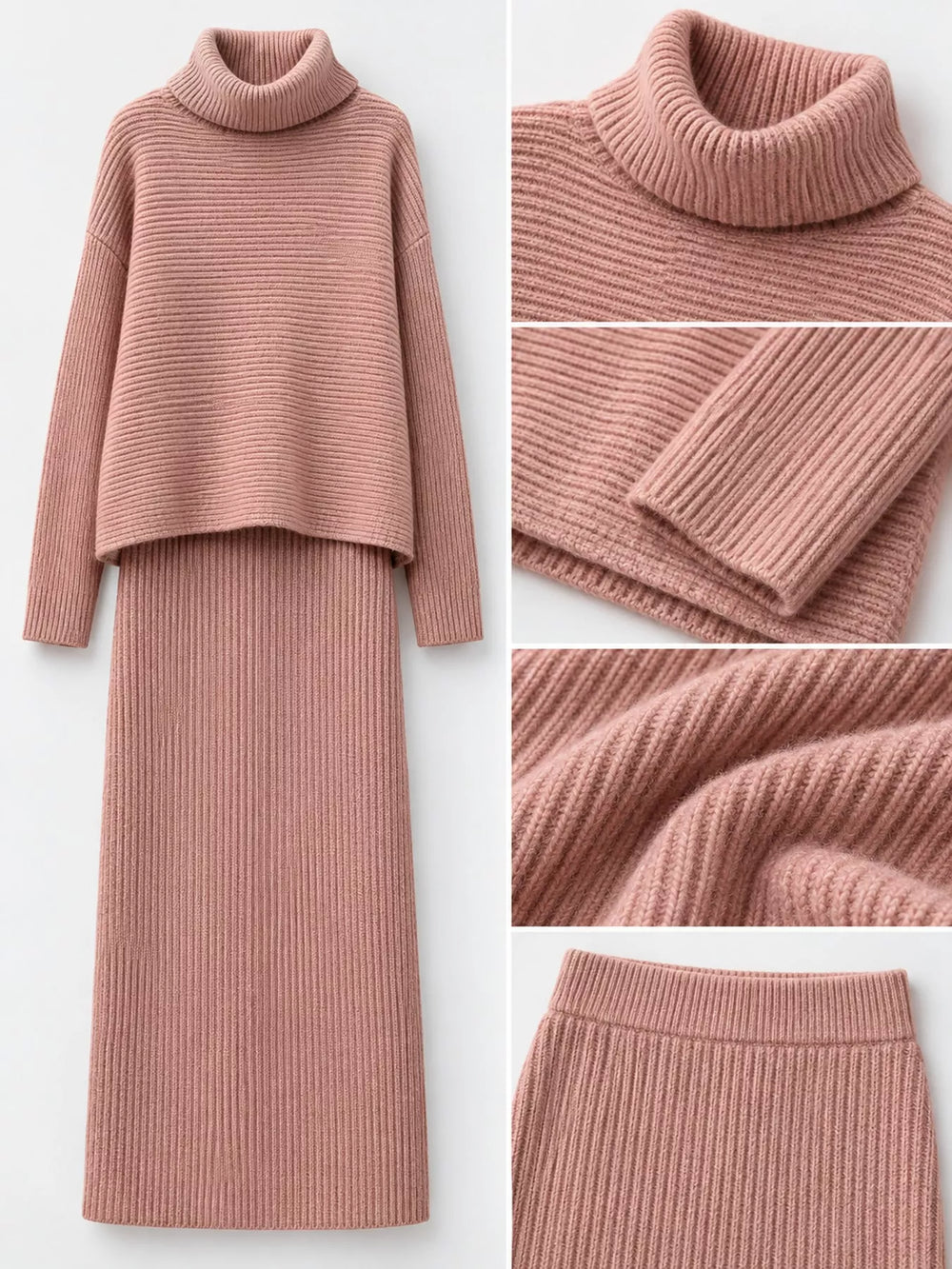 Ribbed Turtleneck Sweater & Midi Skirt Set
