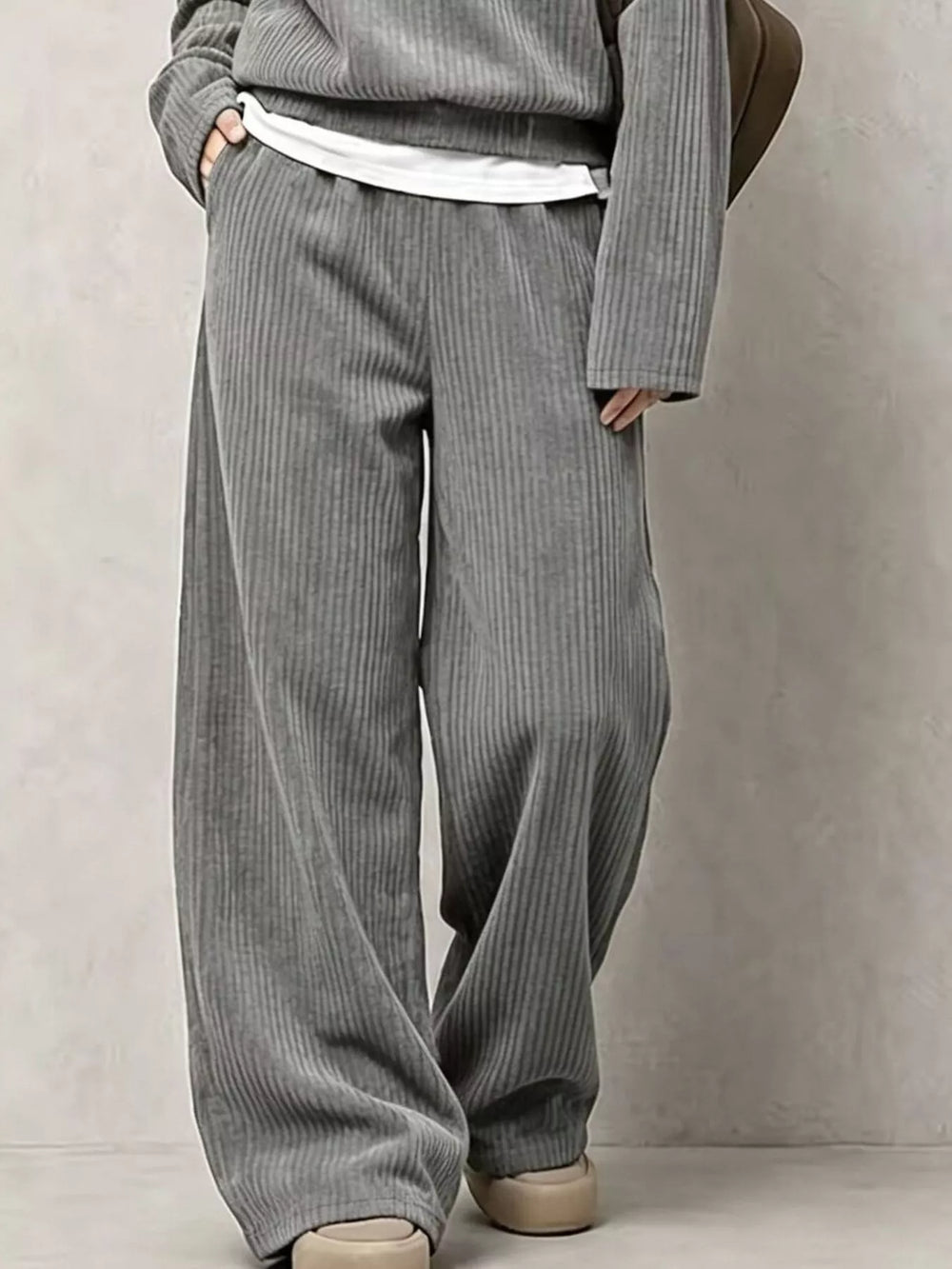 Corduroy Button Detail Top and Wide-Leg Pants Set