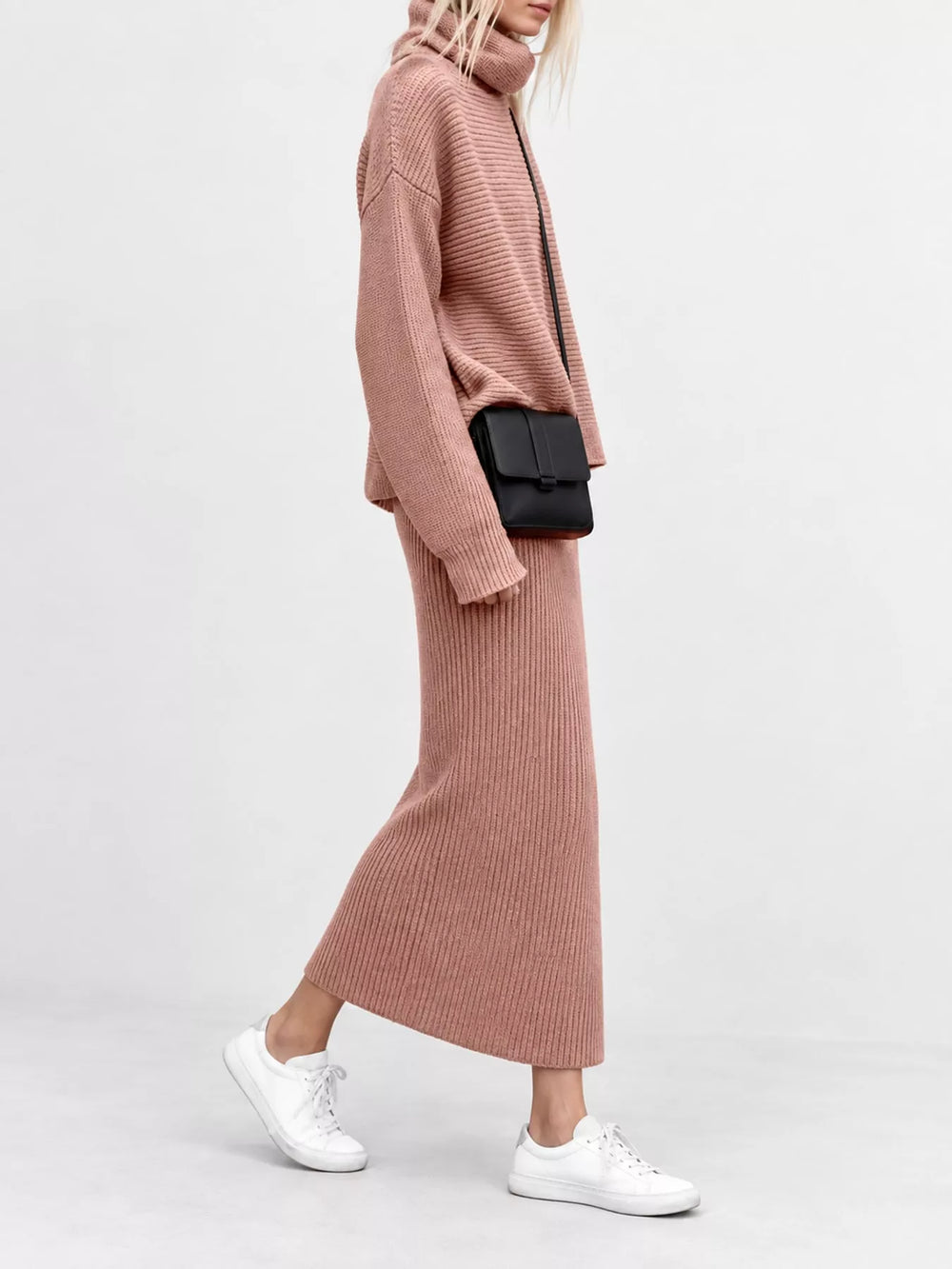 Ribbed Turtleneck Sweater & Midi Skirt Set