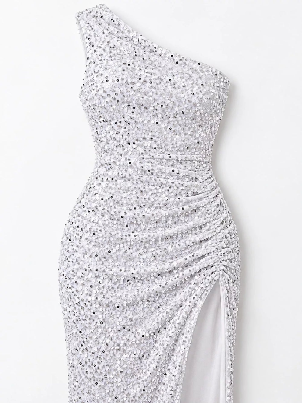 One-Shoulder Ruched Sequin High-Slit Evening Dress