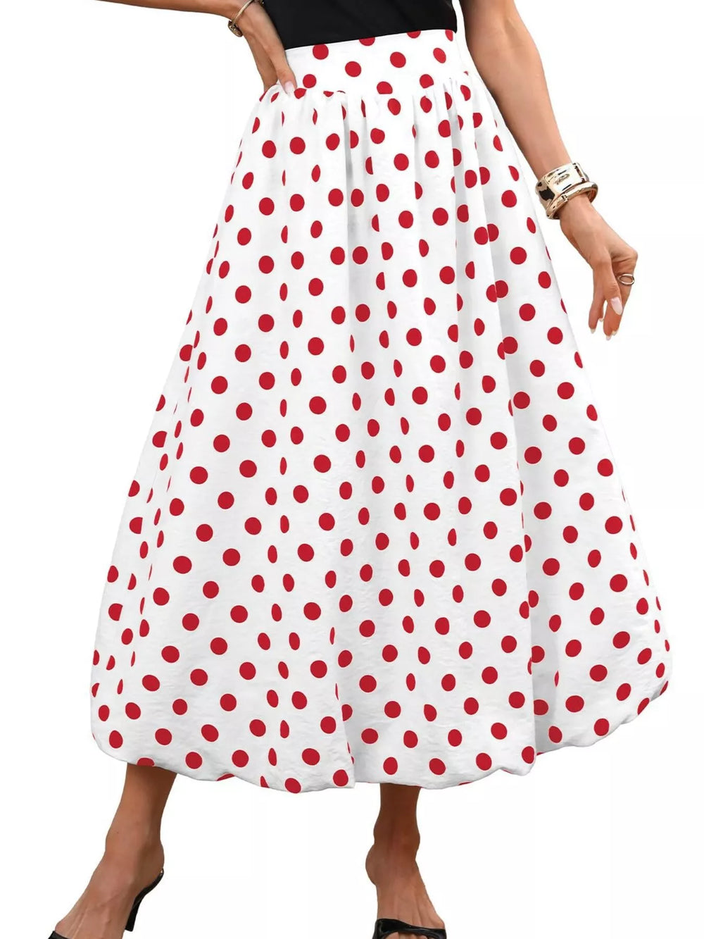 High-Waisted Polka Dot A-Line Midi Skirt