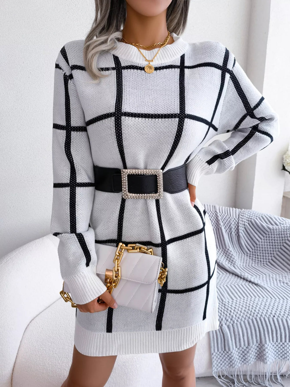 Plaid Long Sleeve Sweater Dress