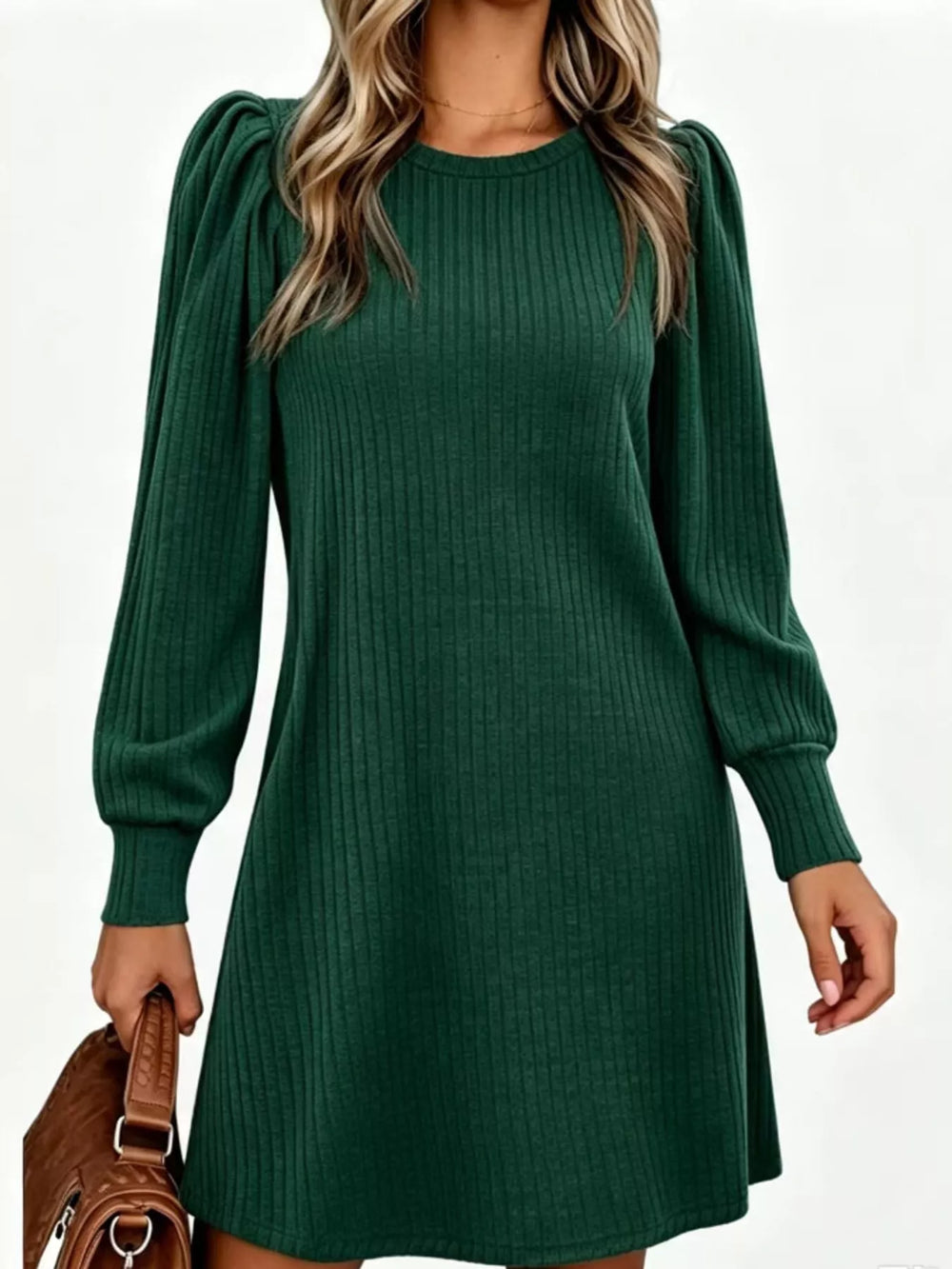 Puff Sleeve Ribbed Knit Dress with Pockets