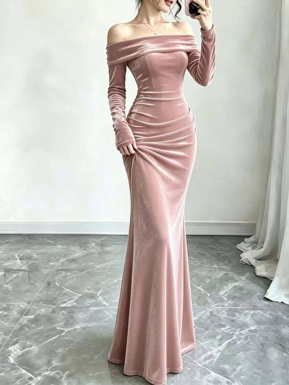 Off-Shoulder Velvet Mermaid Maxi Dress, Full Size