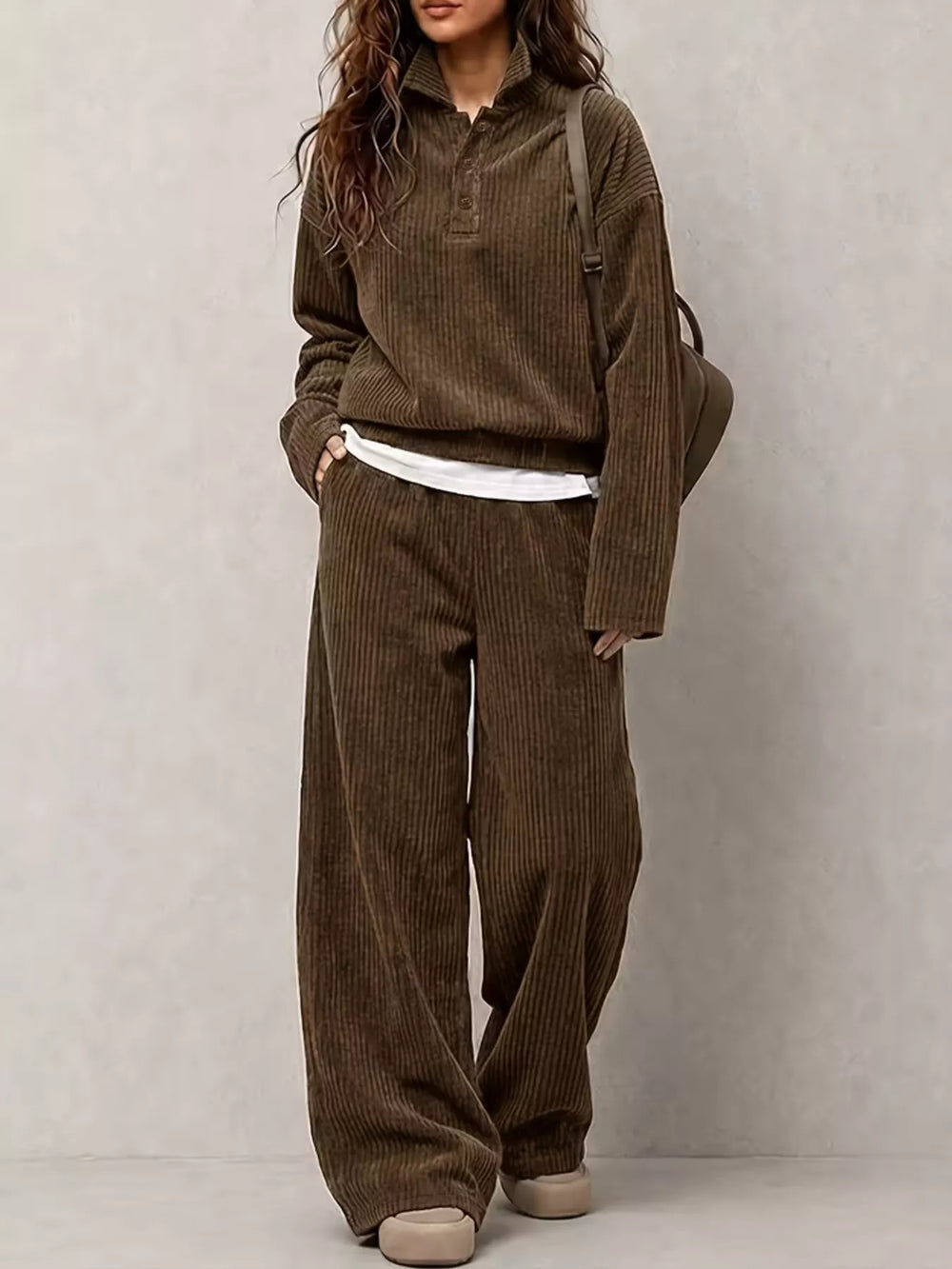 Corduroy Button Detail Top and Wide-Leg Pants Set