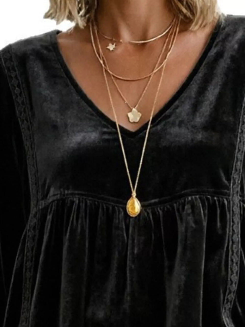 Velvet V-Neck Blouse with Lace Trim