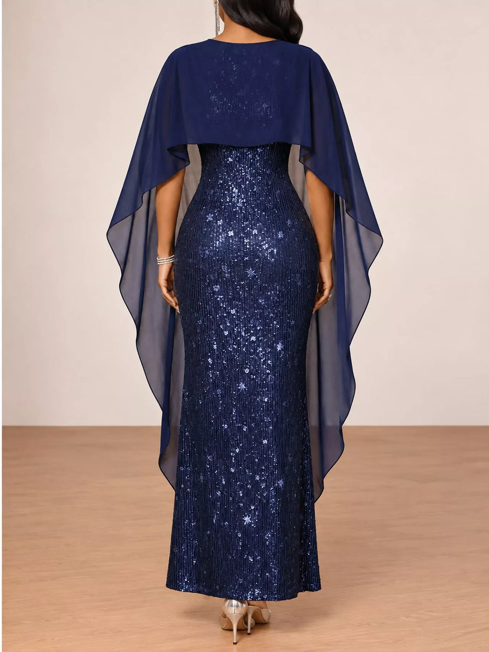 Sequin Cape Overlay Evening Dress