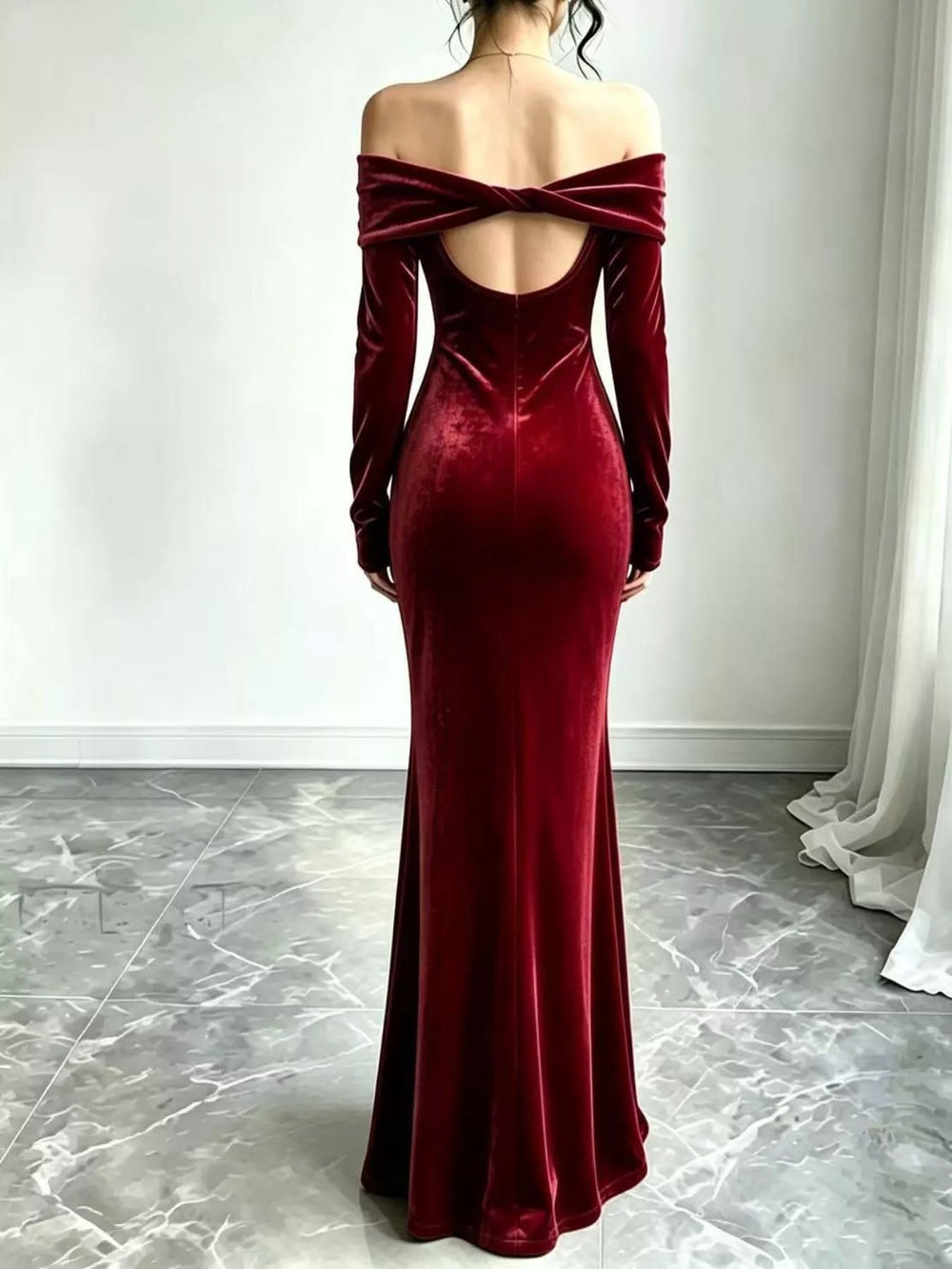 Off-Shoulder Velvet Mermaid Maxi Dress, Full Size