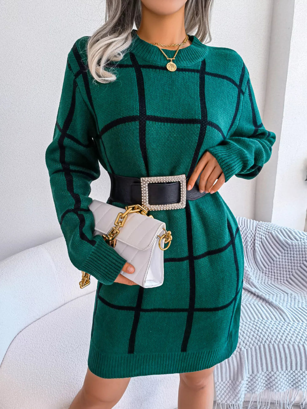 Plaid Long Sleeve Sweater Dress