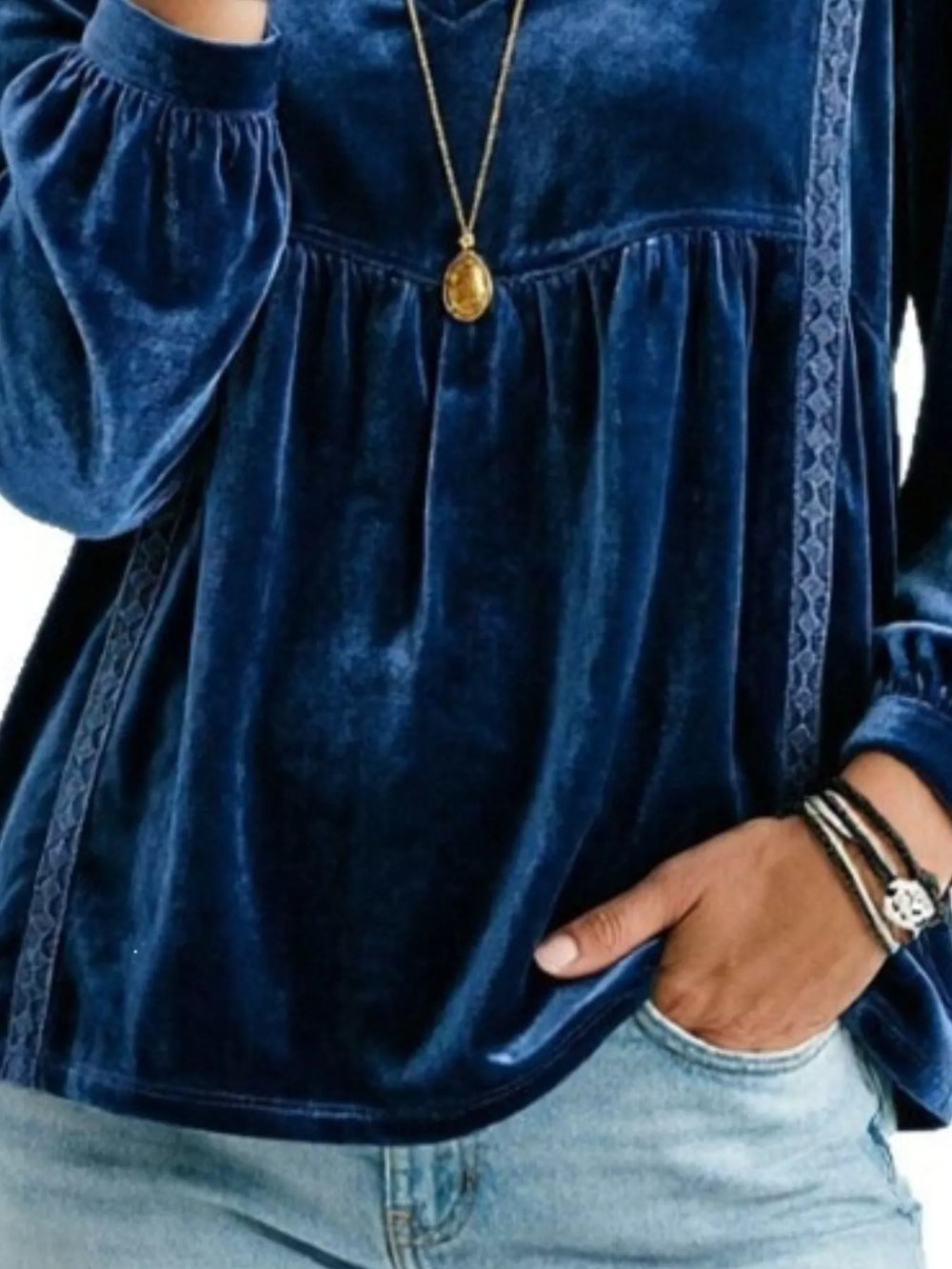 Velvet V-Neck Blouse with Lace Trim