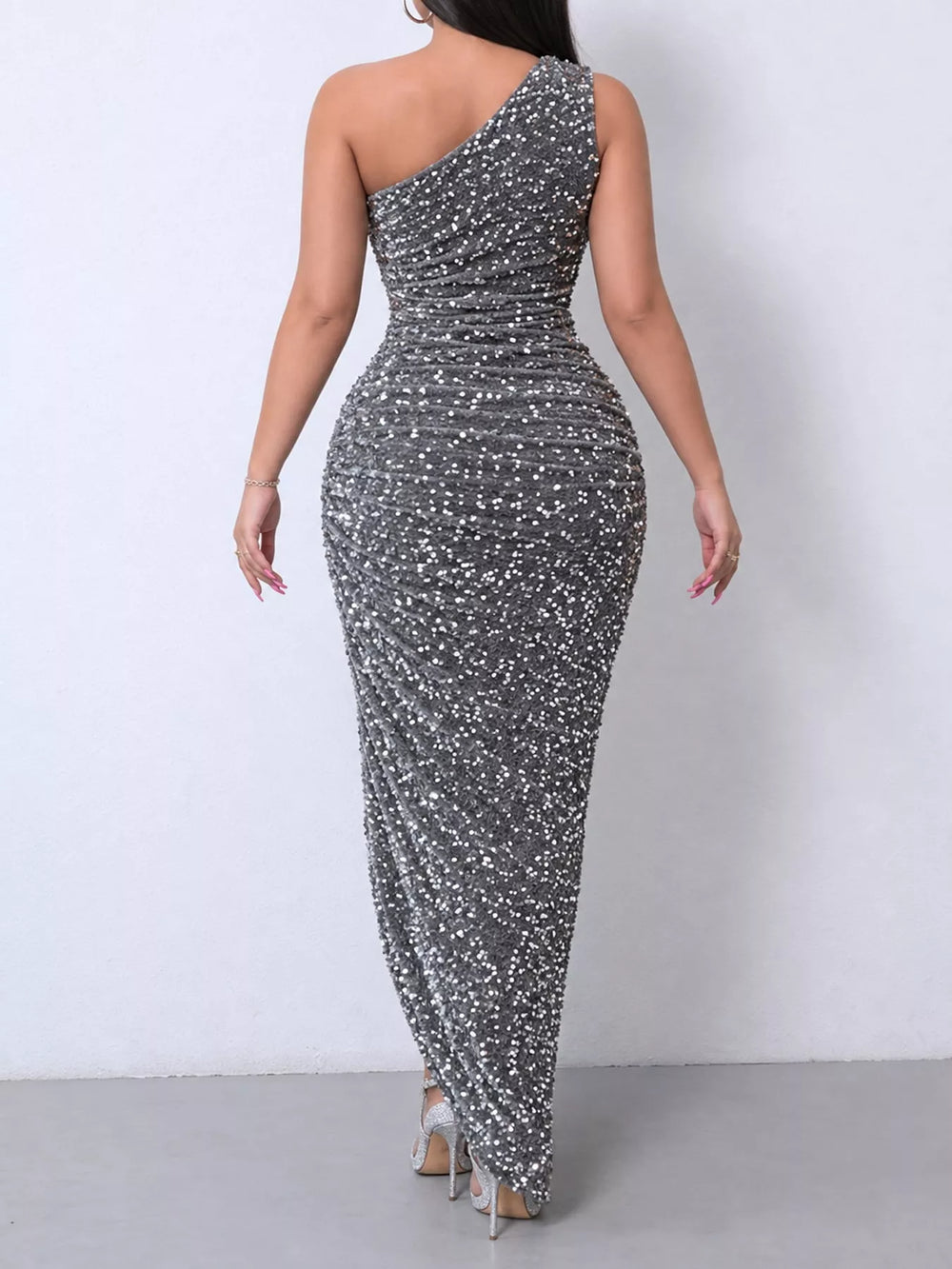 One-Shoulder Ruched Sequin High-Slit Evening Dress