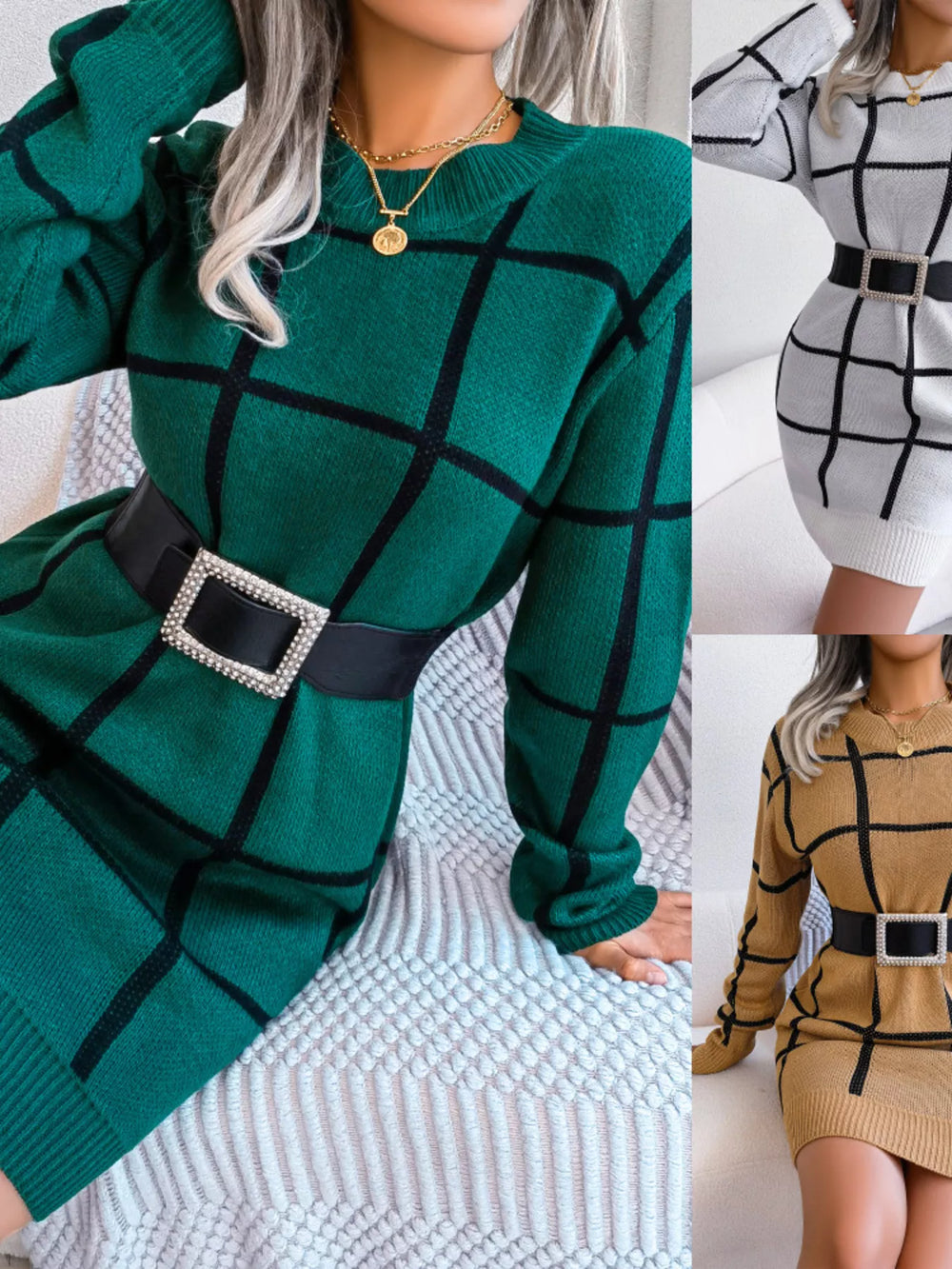 Plaid Long Sleeve Sweater Dress