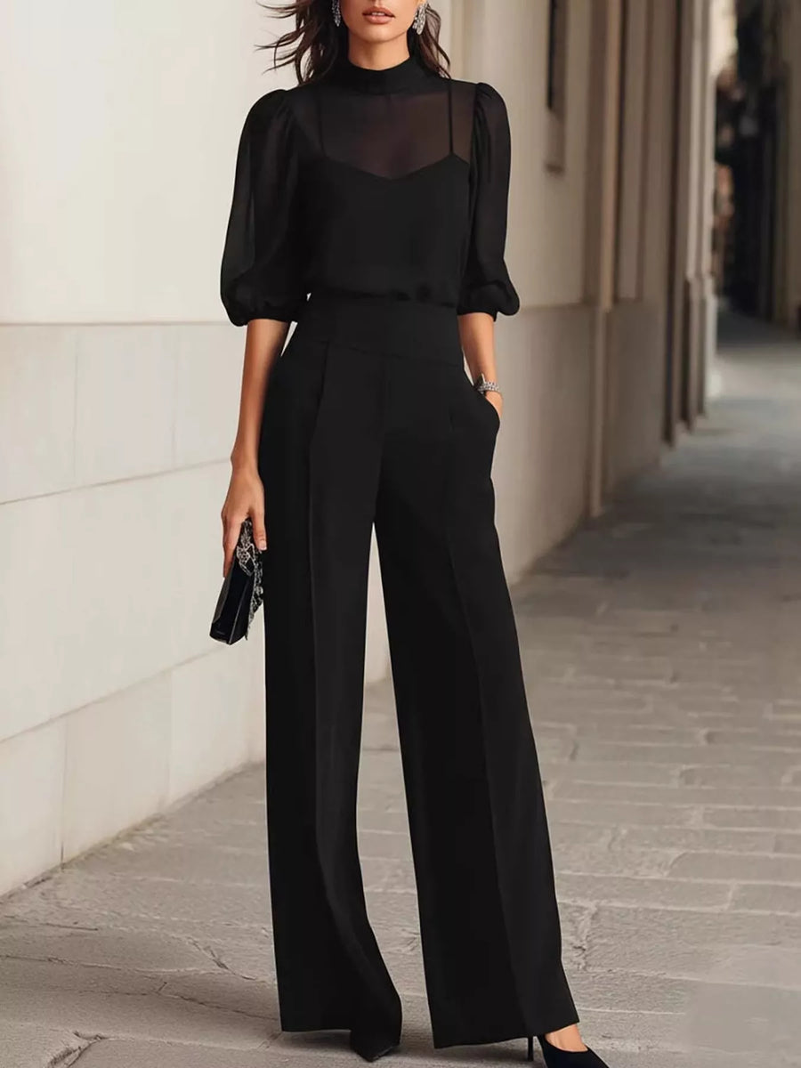 Mock Neck Puff Sleeve Top and Wide-Leg Pants Set