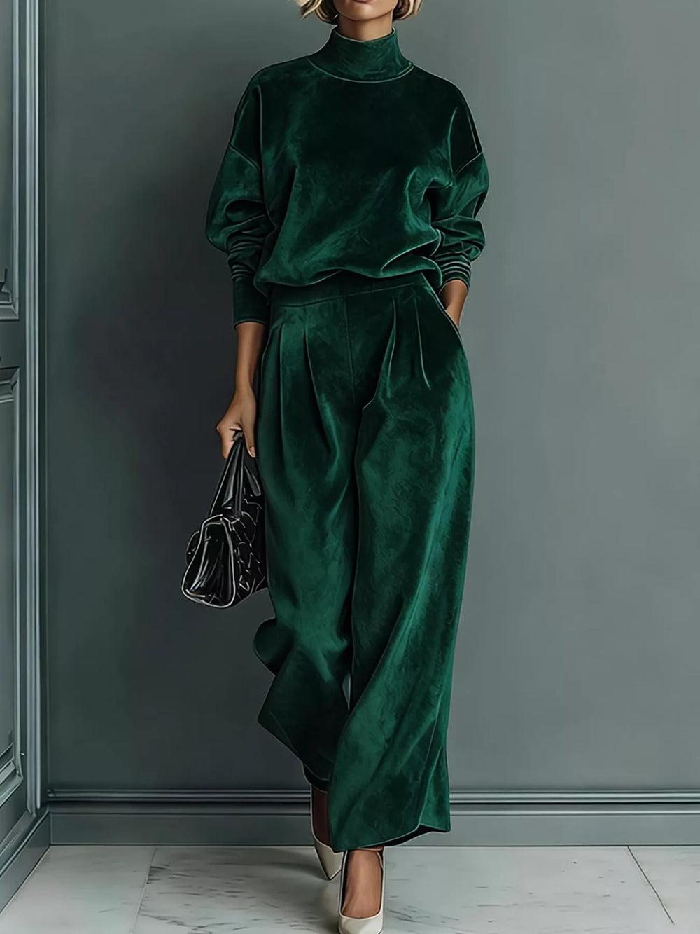 Velvet Mock Neck Top and Wide-Leg Pants Set, Full Size