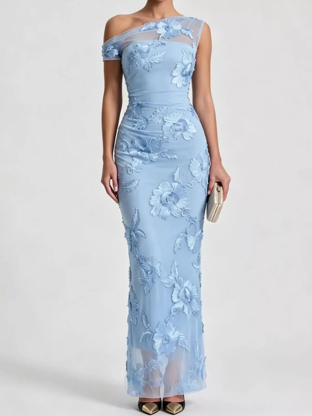 One-Shoulder Floral Embroidered Maxi Dress