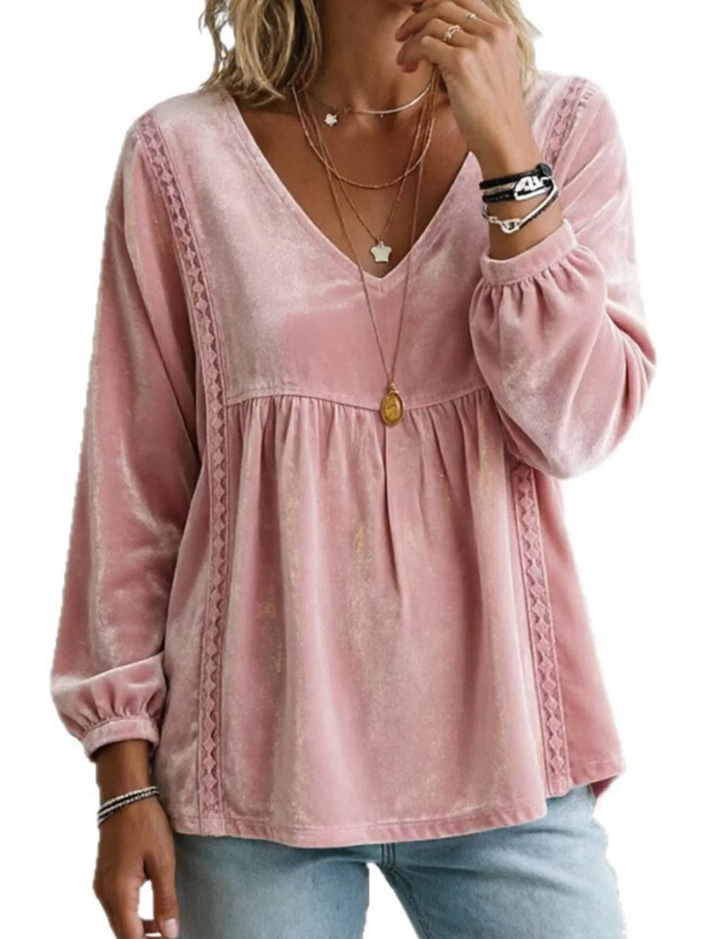 Velvet V-Neck Blouse with Lace Trim