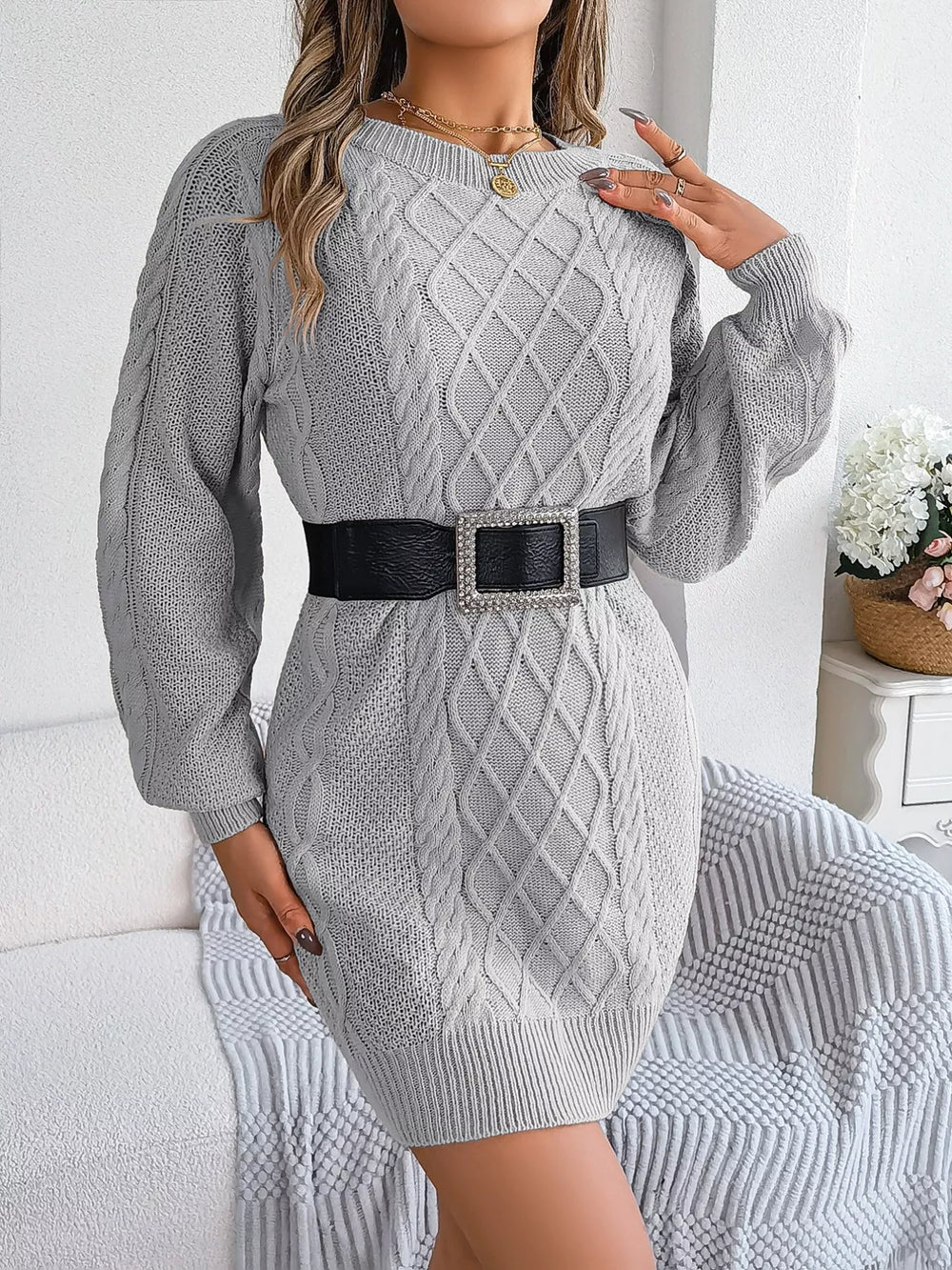 Diamond Cable Knit Long Sleeve Sweater Dress