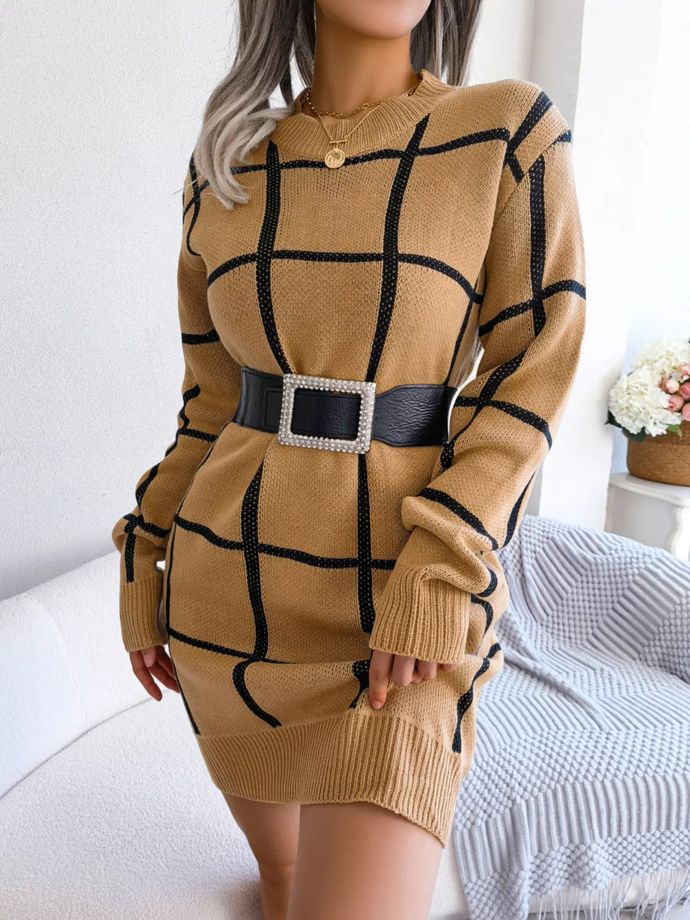 Plaid Long Sleeve Sweater Dress