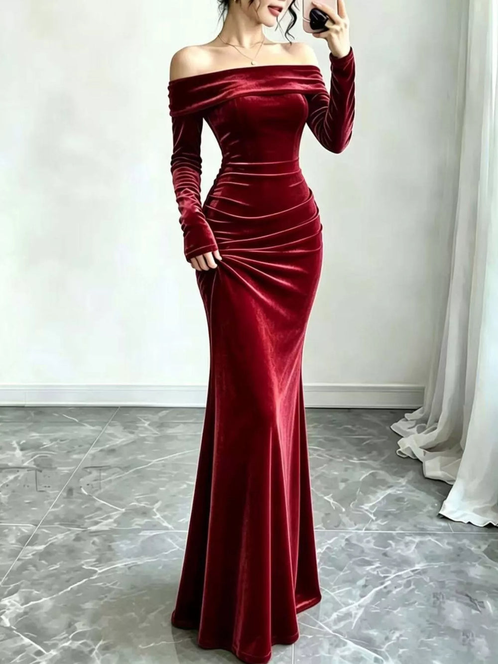 Off-Shoulder Velvet Mermaid Maxi Dress, Full Size