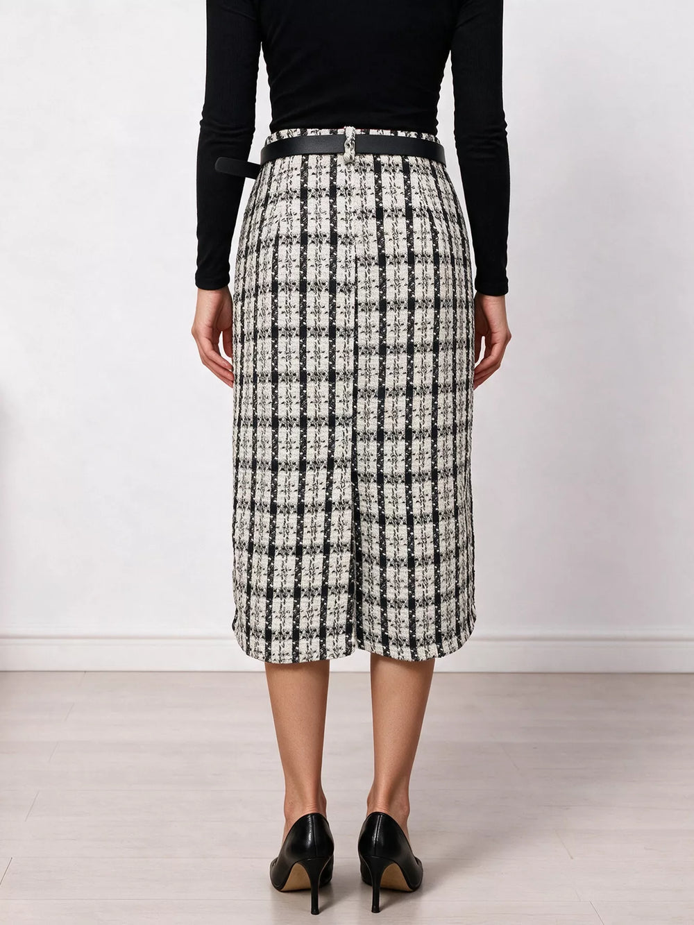 High-Waisted Tweed Plaid Midi Skirt