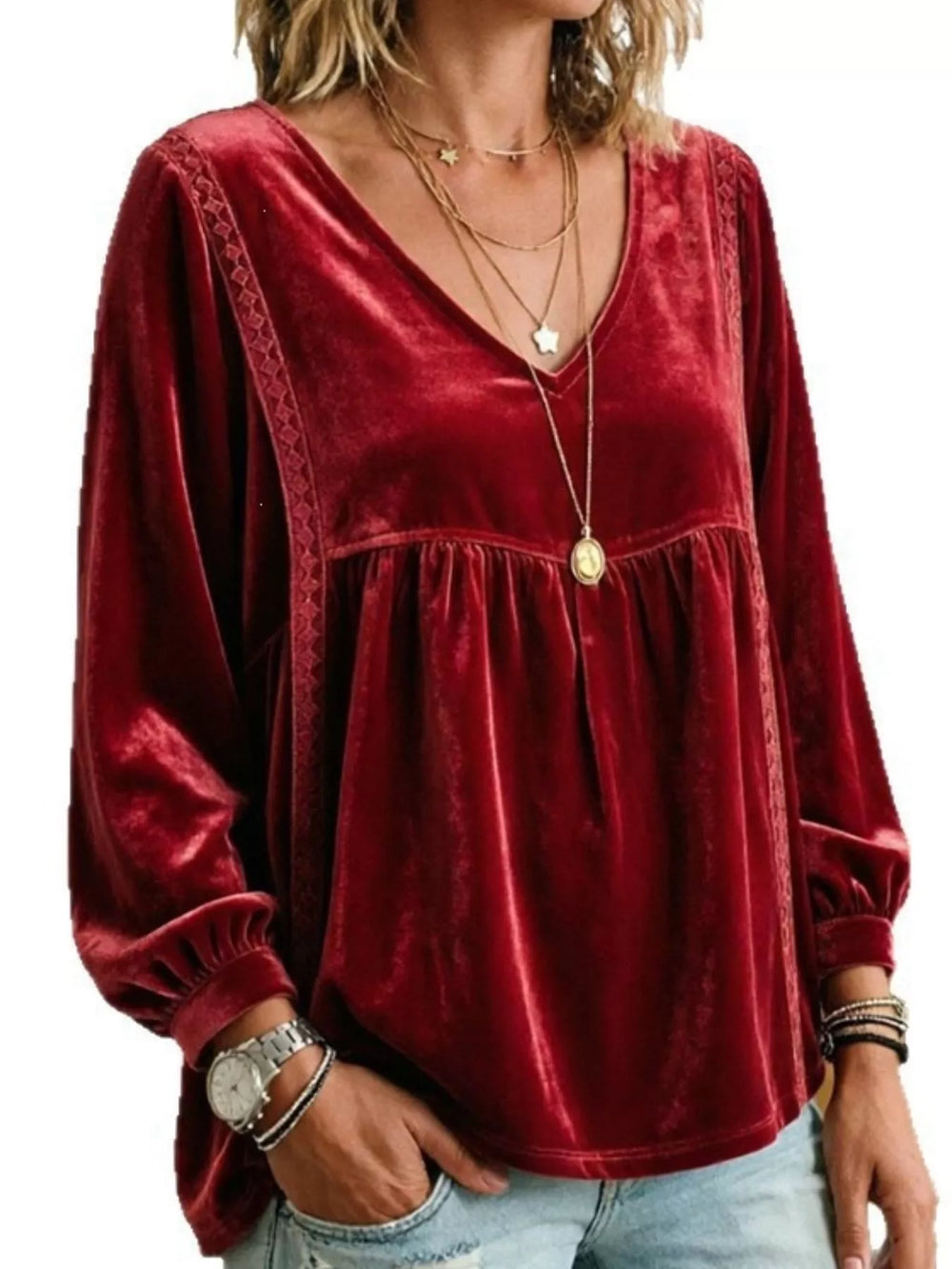 Velvet V-Neck Blouse with Lace Trim