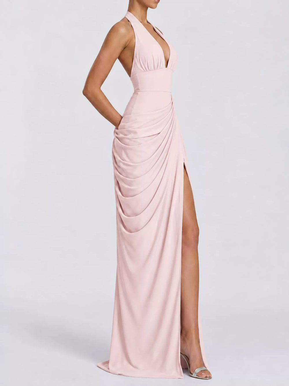 Halter Neck High-Slit Maxi Evening Dress