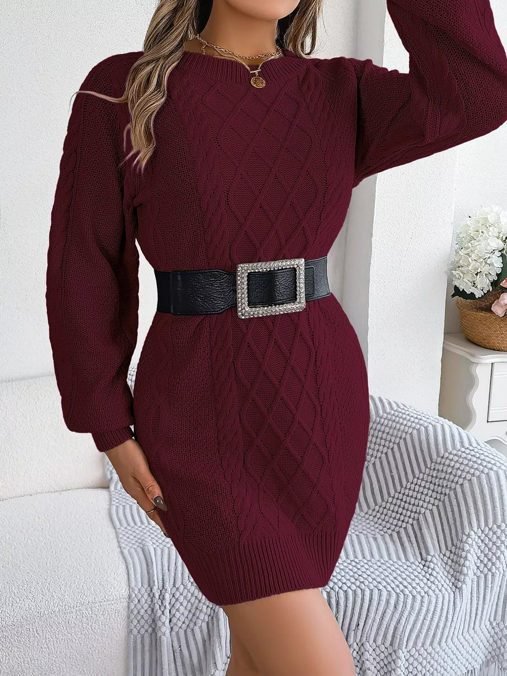 Diamond Cable Knit Long Sleeve Sweater Dress