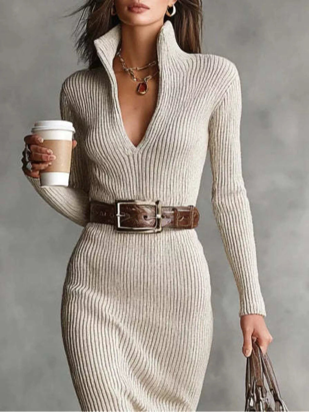Ribbed V-Neck Midi Sweater Dress