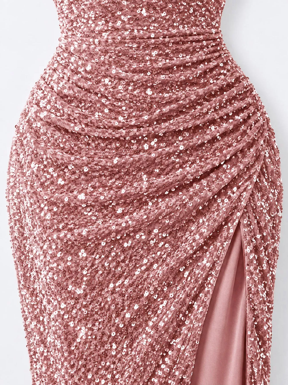 One-Shoulder Ruched Sequin High-Slit Evening Dress