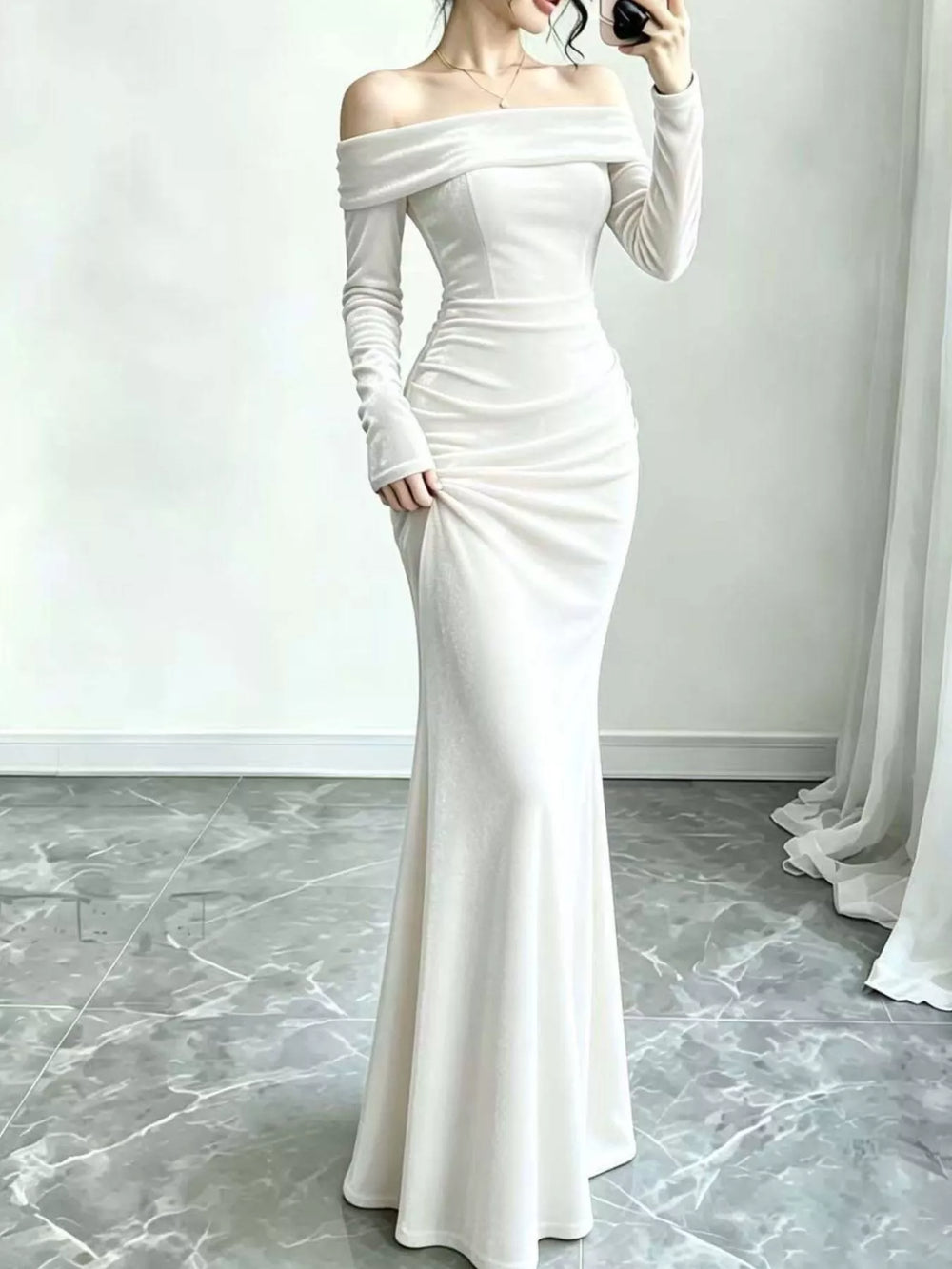 Off-Shoulder Velvet Mermaid Maxi Dress, Full Size