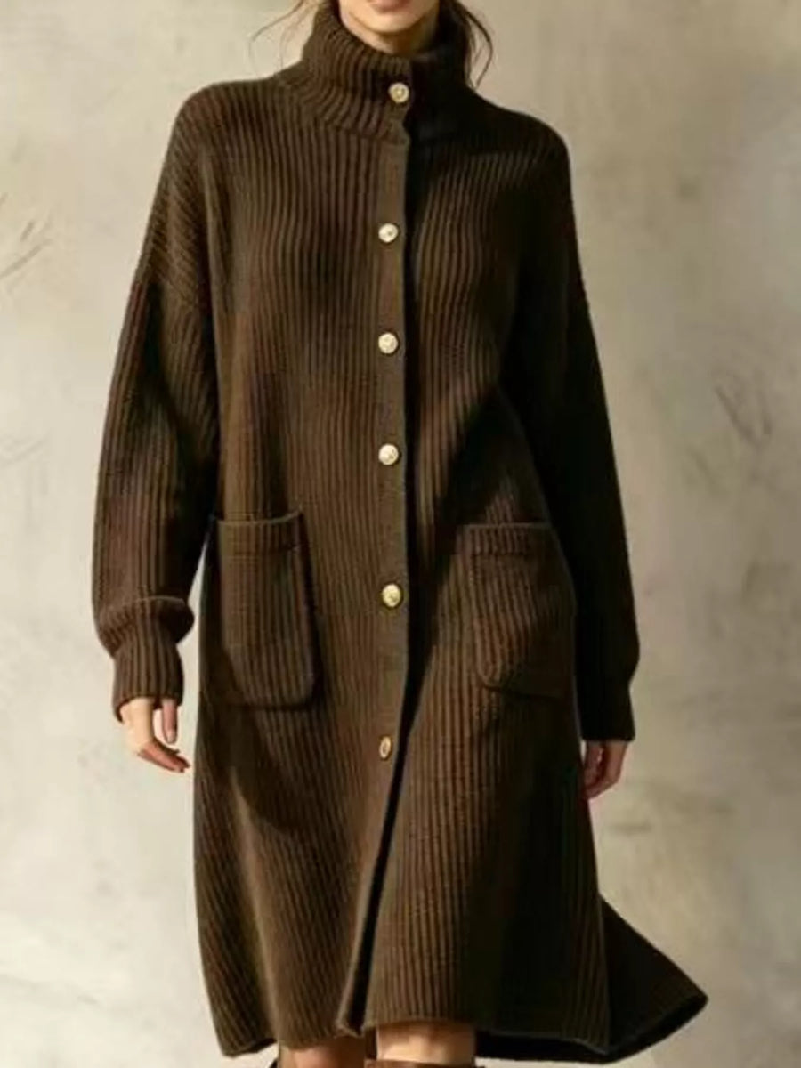 Ribbed Turtleneck Button-Up Longline Cardigan