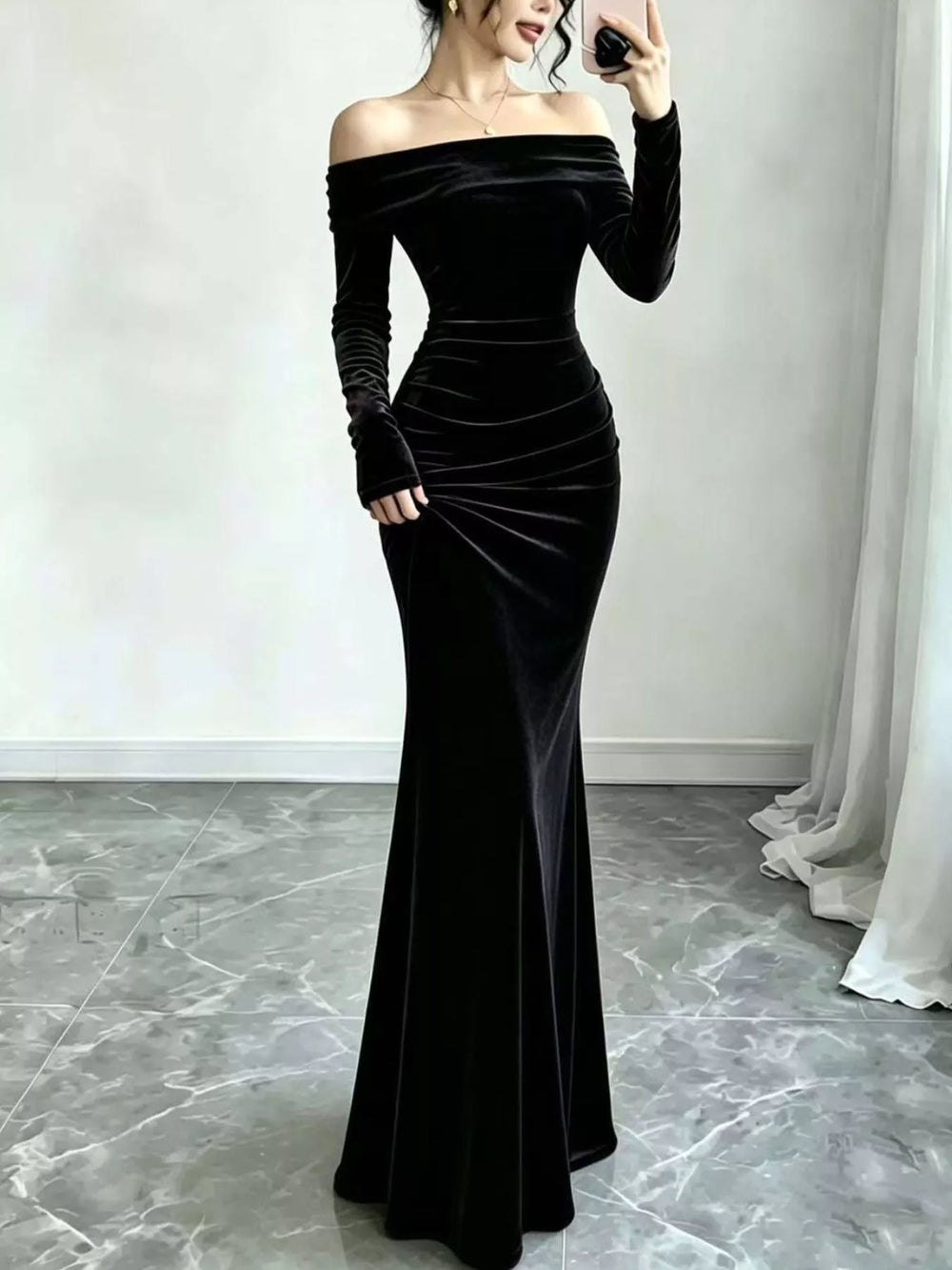 Off-Shoulder Velvet Mermaid Maxi Dress, Full Size