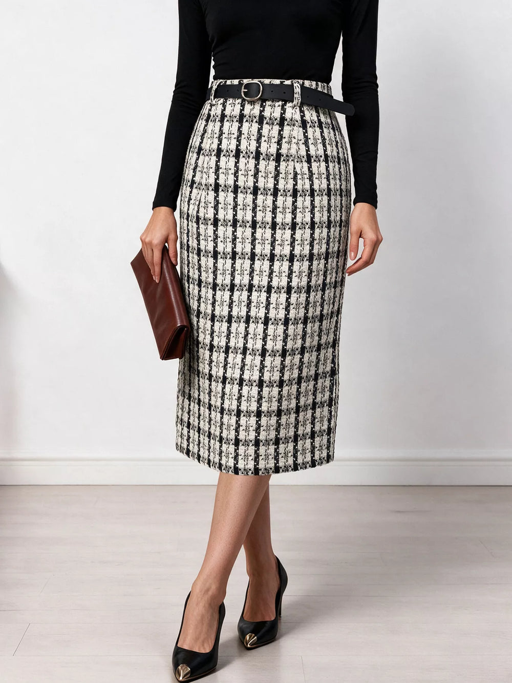 High-Waisted Tweed Plaid Midi Skirt