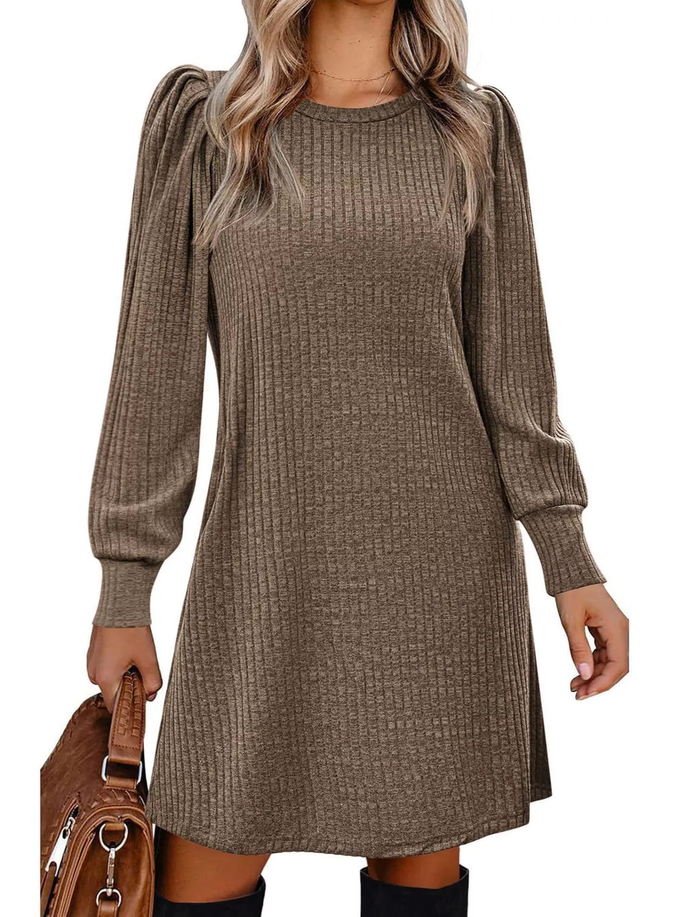 Puff Sleeve Ribbed Knit Dress with Pockets