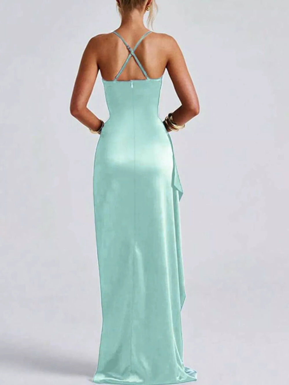 Satin Ruched High-Slit Maxi Dress