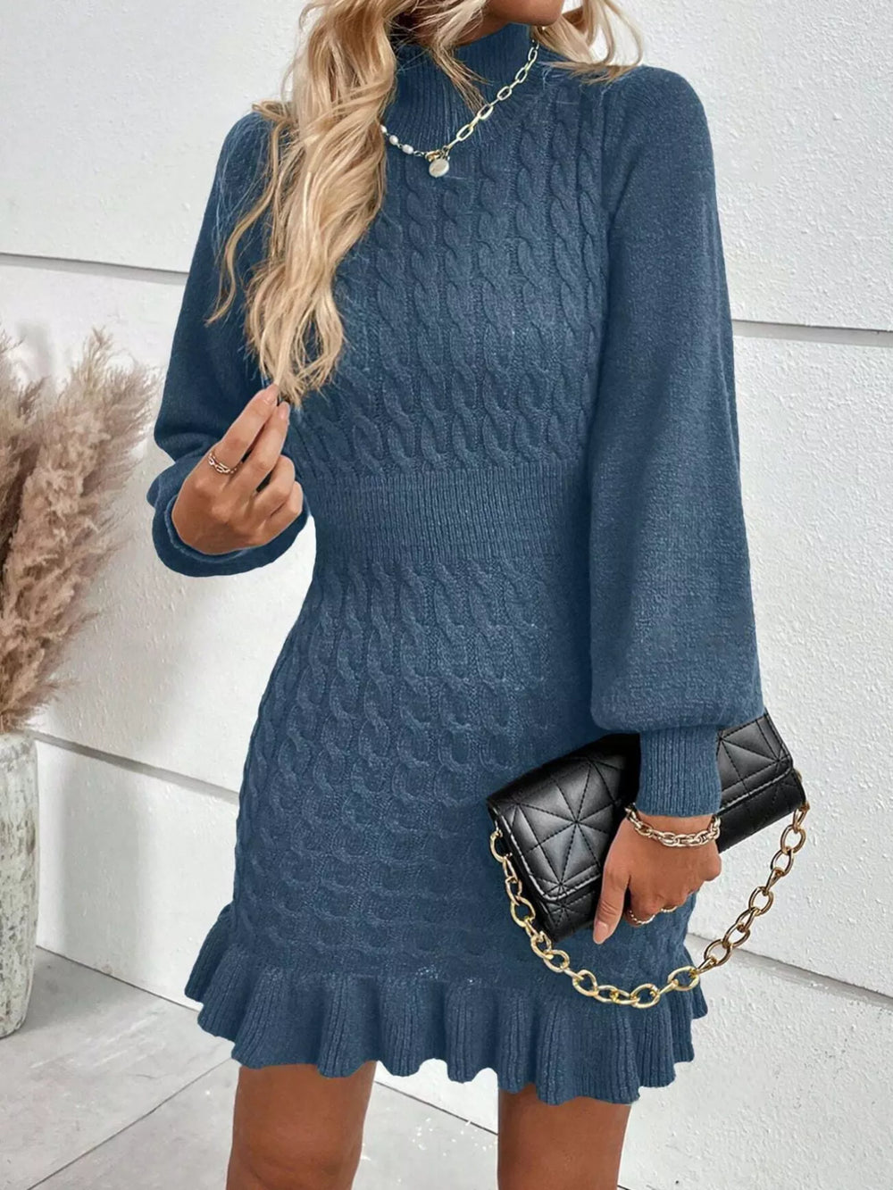 Cable Knit Mock Neck Sweater Dress with Ruffle Hem