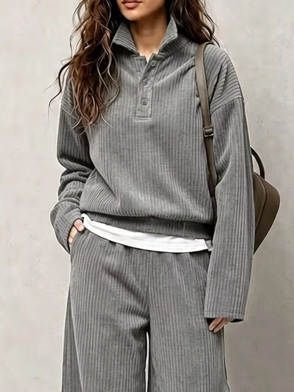 Corduroy Button Detail Top and Wide-Leg Pants Set