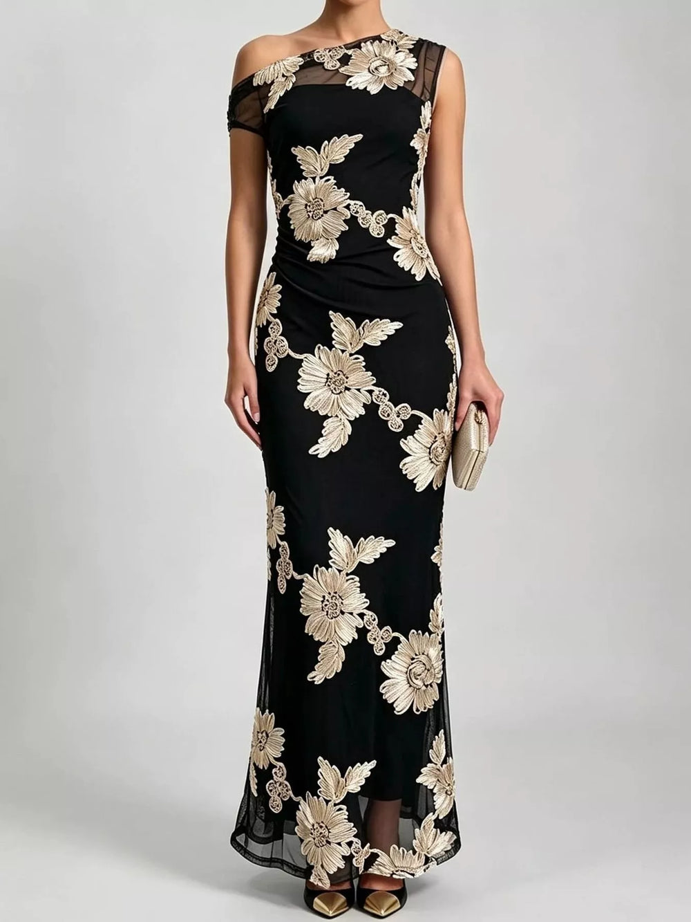 One-Shoulder Floral Embroidered Maxi Dress