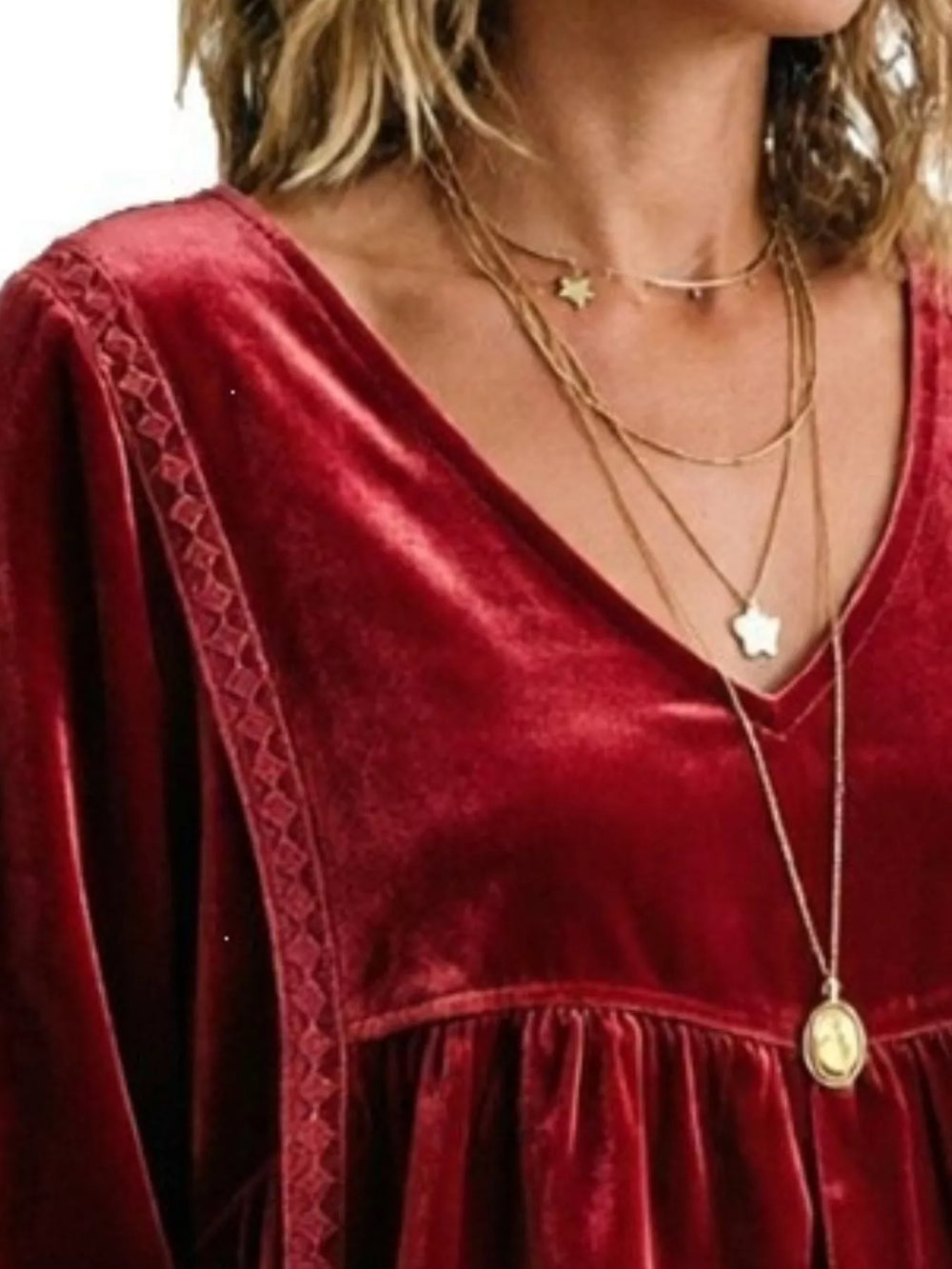 Velvet V-Neck Blouse with Lace Trim