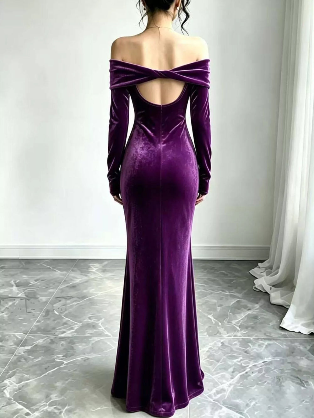 Off-Shoulder Velvet Mermaid Maxi Dress, Full Size