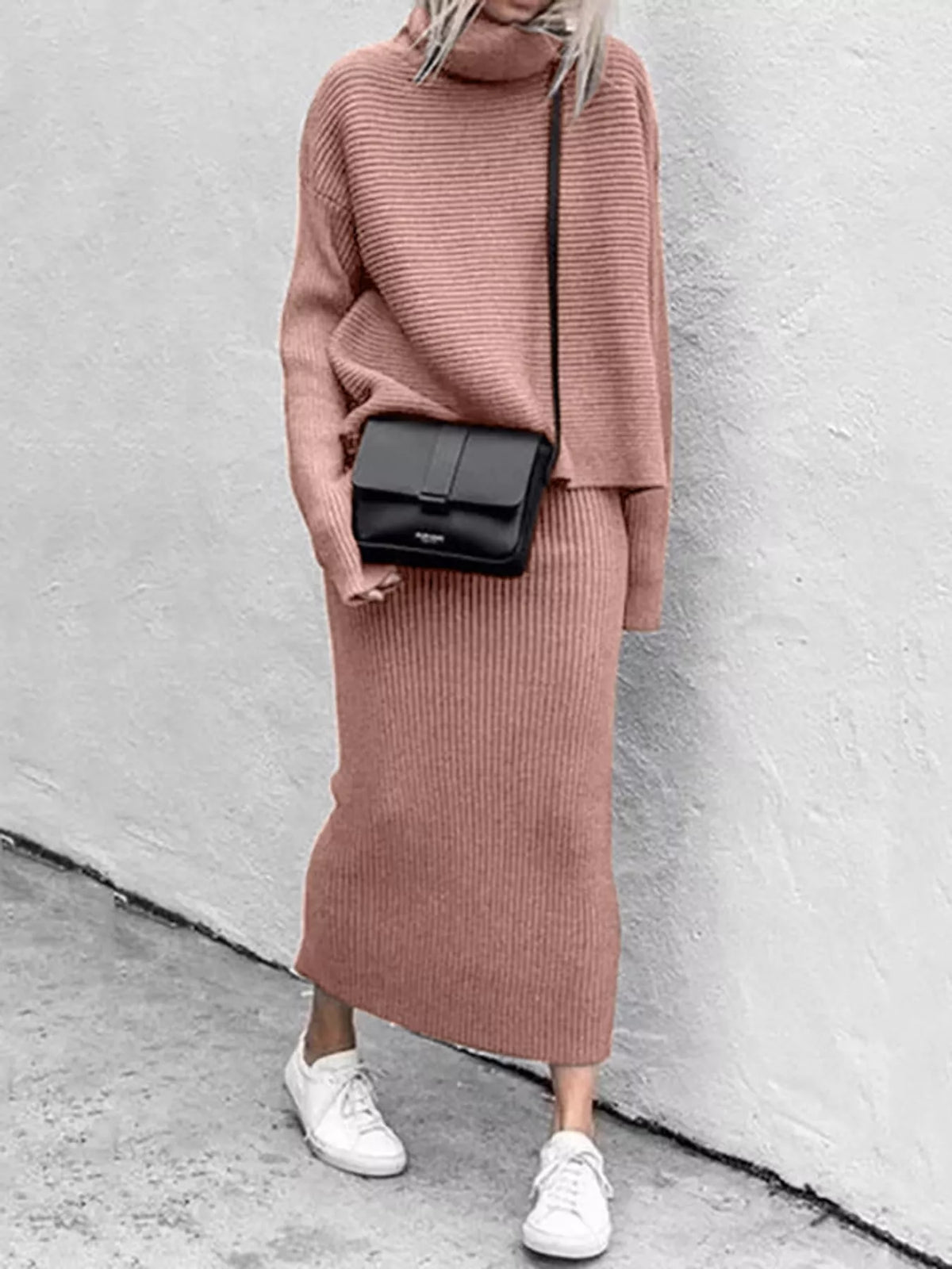 Ribbed Turtleneck Sweater & Midi Skirt Set