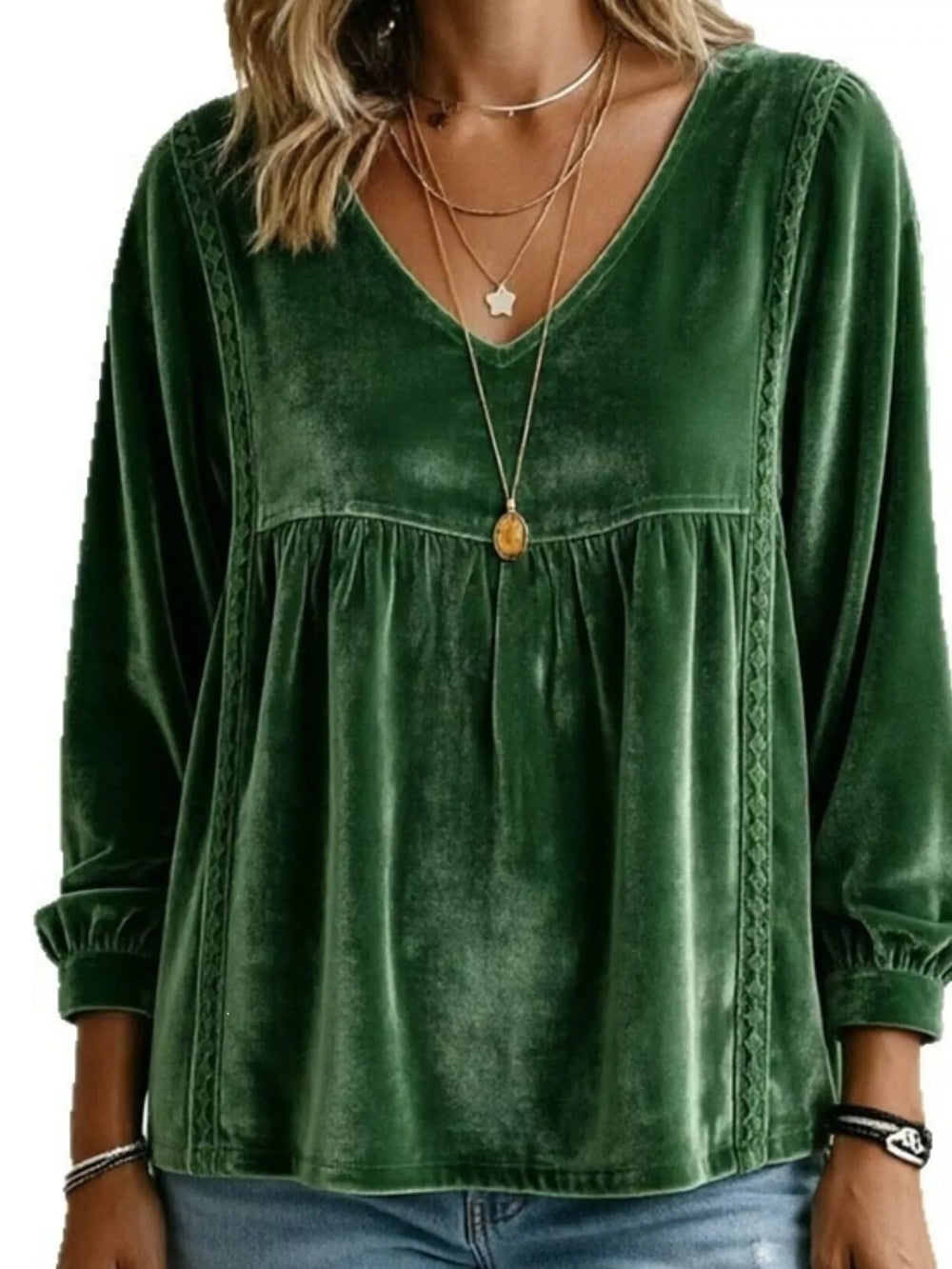 Velvet V-Neck Blouse with Lace Trim
