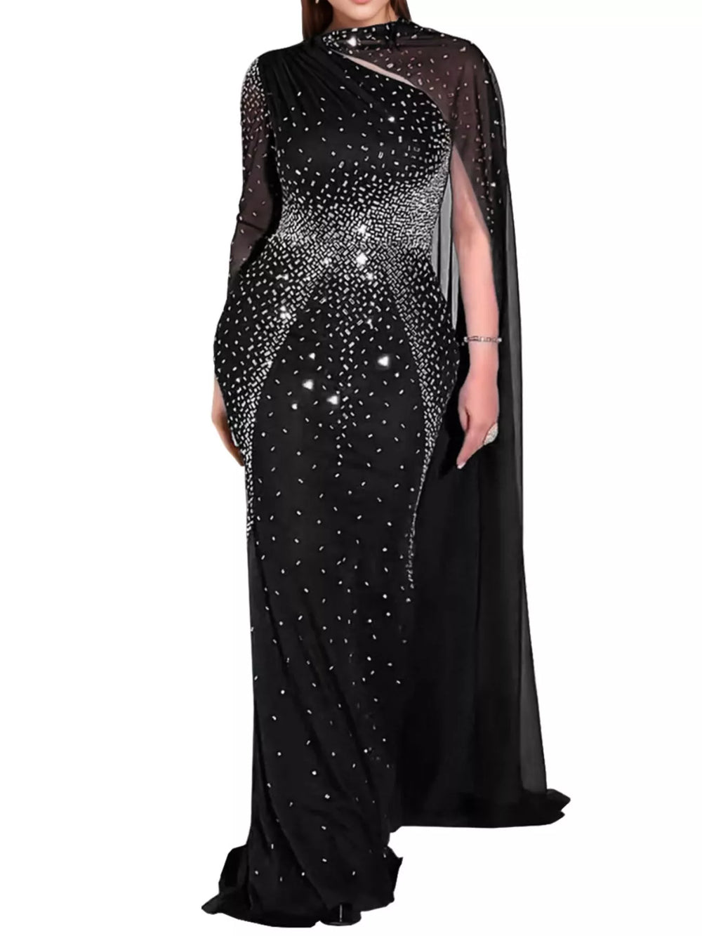 Rhinestone Embellished Cape Maxi Dress
